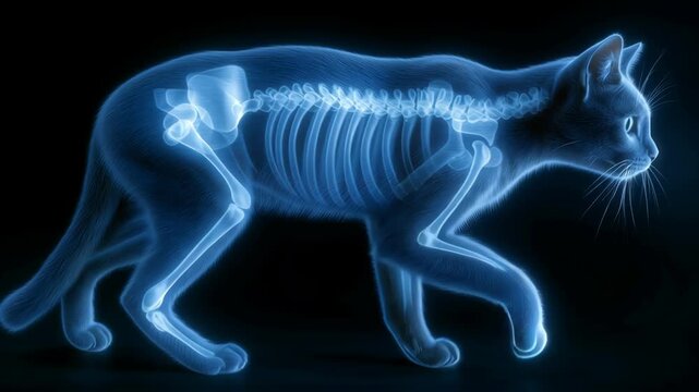 Digital X-ray of Cat Skeleton in Side View on Black Background
