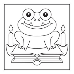 Cartoon frog sitting on an open book with candles outline drawing animal cute