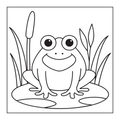 Cartoon Outline Frog Sitting on a Lily Pad with Reeds drawing illustration