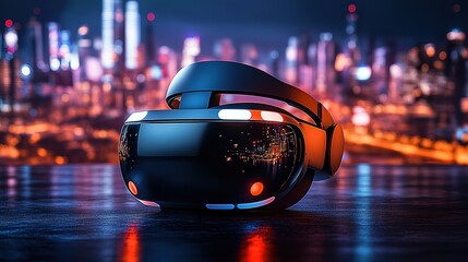 Fototapeta premium Virtual Reality Headset on a Night Cityscape Background for Tech, Gaming, and Innovation Projects