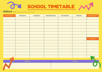 Vibrant School timetable schedule planner template arrows doodle design. Student daily week plan