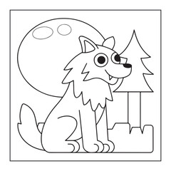 Happy cartoon wolf howling at the moon with a tree for coloring book night