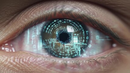 Human eye reflects digital tunnel of binary code, symbolizing future technology and data. - Powered by Adobe