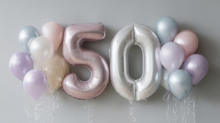 50th birthday celebration with pink and silver balloons on gray background