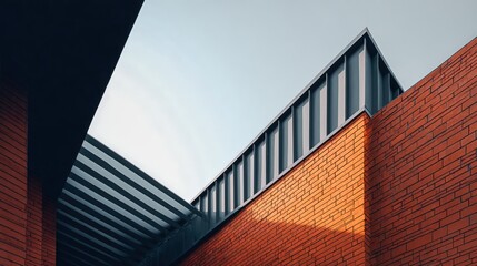 Fototapeta premium Architectural Geometry: Modern Building Exterior Featuring Clean Lines, Brick Facade, and Geometric Skylight Design with Sky