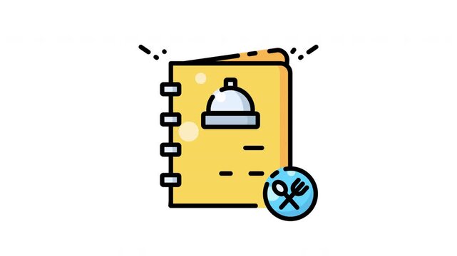 animated icon of a yellow and blue menu with a black outline, featuring a silver food dome illustration. 