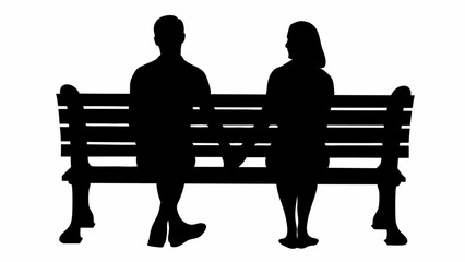 Silhouette of a man and woman sitting on a park bench in black and white illustration image design art