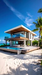 Obraz premium Modern beachfront home with pool and deck, tropical setting