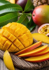 Delicious tropical fruits arrangement of mango, passion fruit, and pineapple
