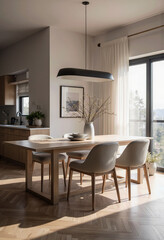 A bright and airy modern dining room featuring a sleek wooden table, comfortable chairs, and a minimalist pendant light, creating a sophisticated yet inviting space.

