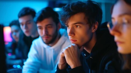 High school esports team huddles for a strategy session before their championship match.