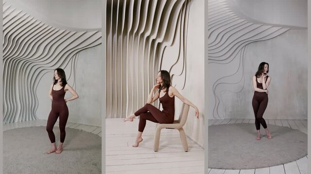 pose from posing training, a woman stands straight, her arms are raised to her shoulders, the background is neutral.