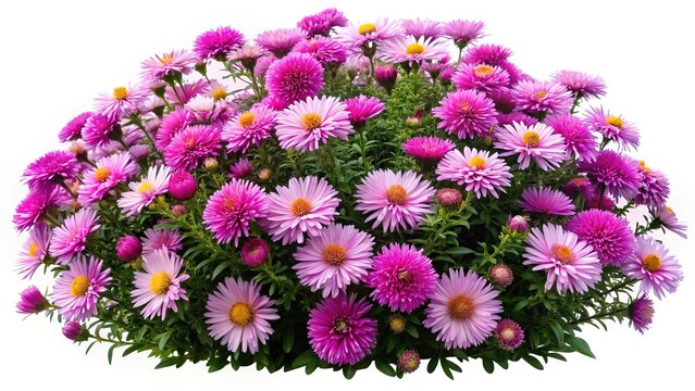 Abundant Purple Asters in Full Bloom Against a White Background, Exuding Beauty