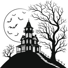 haunted house on hill with bats and moonlight