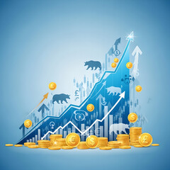 Naklejka premium Analyzing Growth A Visual Representation of Financial Markets with Coins and Arrows