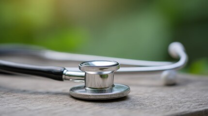 A stethoscope lies on a wooden surface with its metal tubing curving around the edge and the diaphragm in sharp focus,