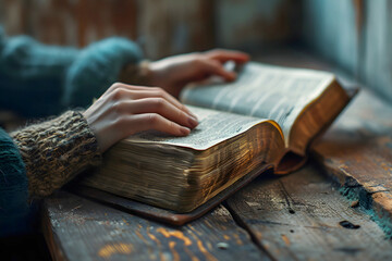 A person studies an open book with fingers tracing the text, seated at a rustic wooden table. The warm glow of the afternoon sun enhances the inviting atmosphere of the room.