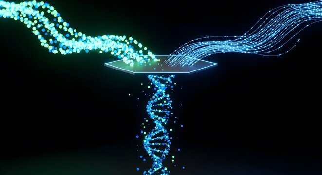 Digital DNA Helix Data Stream, Genetic Information, Abstract Technology, Biotechnology, Science Research, Data Flow