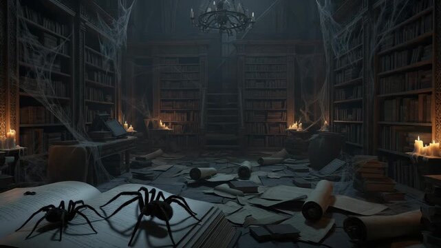 Atmospheric footage of an abandoned library. Candles burn in the dim light, cobwebs are everywhere. On the table is an open book with spiders. Perfect for horror films.