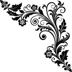 Vector art of black floral corner ornament with swirling vines and leaves, decorative element isolated on white background
