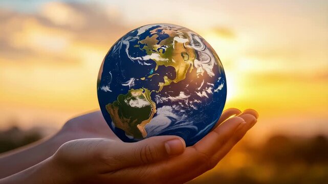 World globe gently held in caring hands in bright golden sunlight. Earth protection, sustainability, ecology concept on warm backdrop.