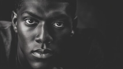 Fototapeta premium A striking black and white portrait of a young man with dark skin, intense gaze, well defined features,