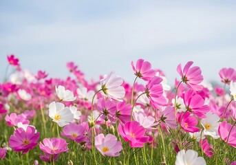 Obraz premium Vibrant field of pink and white cosmos flowers under a soft blue sky