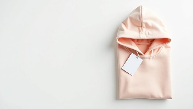 Sudadera con capucha pastel doblada con etiqueta visible en la superficie blanca, estilo plano y limpio para exhibici&oacute;n minimalista de productos