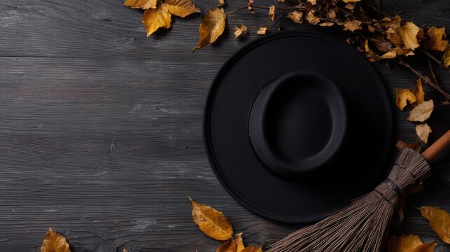 a black hat, broom, and autumn leaves on a dark wooden table
