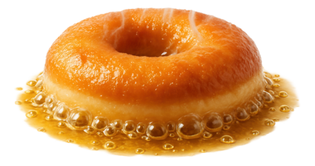 Doughnut submerging into hot oil, a golden crust emerging with steam.