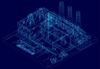 A low poly wireframe blueprint of a factory on a blue background, showcasing detailed structural elements and industrial design. The geometric layout highlights machinery placement and workflow.
