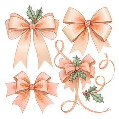 Christmas red ribbon bows for gift holiday decoration design set
