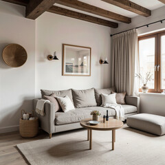 Fototapeta premium A cozy and inviting modern farmhouse living room featuring rustic exposed beams, a comfortable gray sofa, and warm, natural materials for a serene, stylish space. 