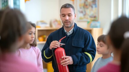 Firefighter demonstrates fire extinguisher techniques to students during a school safety class.