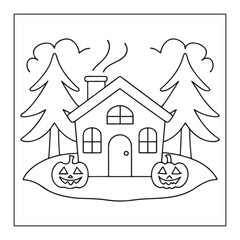 Halloween house with two jack-o-lanterns and trees line art home building