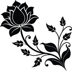 Vector art of black and white stylized lotus flower with swirling stem and leaves, isolated on white background