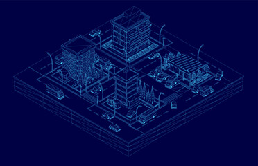 A low poly wireframe blueprint of a city building on a blue background, showcasing detailed architectural elements and structural design. The geometric lines create a modern and technical aesthetic.