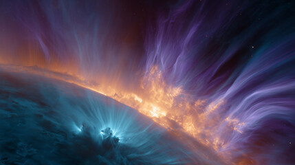 A painterly solar corona explosion with rippling aurora energy cascading toward a small blue planet.