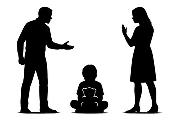 Silhouette of Child Holding Teddy Bear Between Conflicted Parents &ndash; Family Tension, Emotional Impact, and Child Welfare Awareness