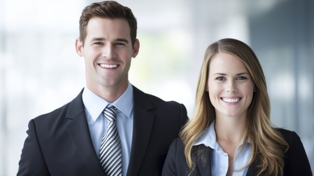 A man in a dark suit with a light blue shirt and striped tie and a woman with blonde hair wearing a black blazer over a  - Powered by Adobe