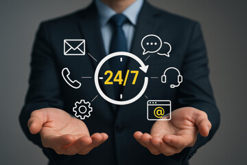 Obraz premium Businessman offering 24/7 support with communication icons in hands, showcasing availability