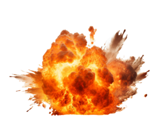 Powerful explosion creating a fiery blast with smoke and debris in a clear background