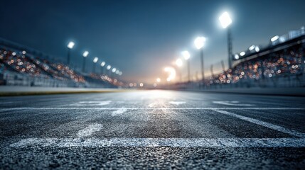 Fototapeta premium Race Track Asphalt Perspective at Night with Blurred Grandstand Seating and Bright Floodlights