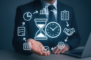 Naklejka premium Efficient time management concepts with icons and charts displayed in business setting