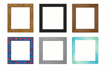 Set of Six Decorative Picture Frames in Various Styles and Colors – Ornate, Minimalist, Wooden, Geometric, Silver, and Gradient Designs
