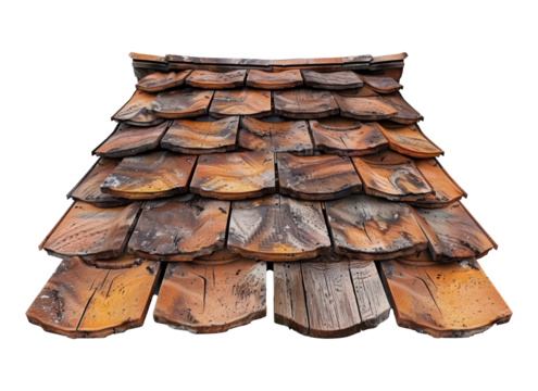 Weathered wooden roof tiles showing unique textures and colors with a rustic charm in natural light