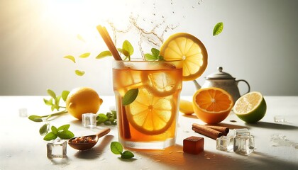 A revitalizing glass of iced tea garnished with fresh lemon slices and mint, with a dynamic splash creating a cool, refreshing summer scene.