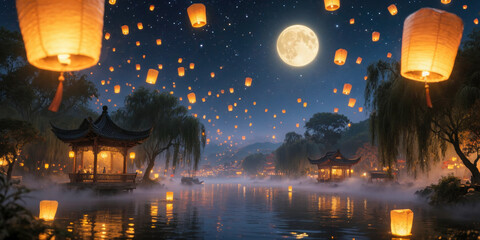 Sky lanterns floating over a tranquil lake with full moon, illuminated pagodas, and misty atmosphere at night