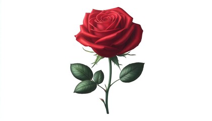 Elegant botanical illustration of a single red rose in full bloom, isolated on a white background. Concept of love, romance, passion, and beauty.