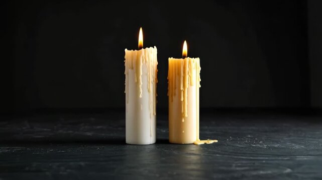 Two illuminated candles with melting wax against a dark background, creating a calm, warm atmosphere, for decoration or celebration concepts